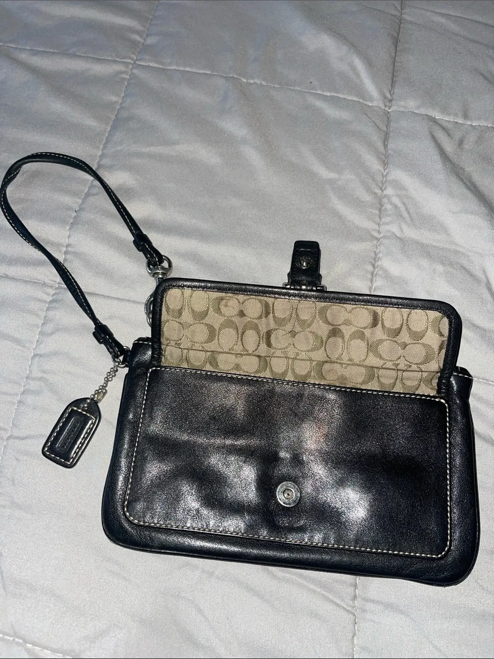 Coach Black Leather Wristlet with Signature Canvas Trim